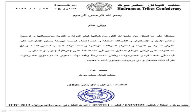 حلف قبائل حضرموت يعلن موقفه من المناصفة على معيار جغرافية جنوب و شمال