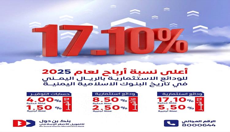 بنك بن دول يعلن عن أعلى نسبة أرباح للودائع الاستثمارية في تاريخ البنوك الإسلامية اليمنية