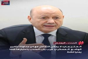 العليمي: أي تهديد لباب المندب يتجاوز اليمن ويهدد أمن الملاحة والتجارة العالمية